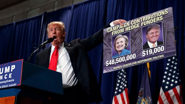 Trump hält ein Plakat mit Clinton-Konterfei in die Höhe