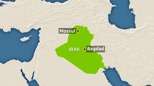 Karte von Irak, darauf eingezeichnet die Städte Mossul und Bagdad.