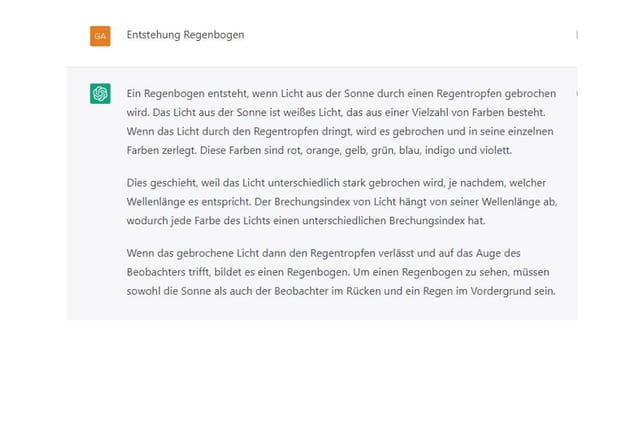 Automatisierte Text-Antwort auf die Frage, wie Regenbögen entstehen.