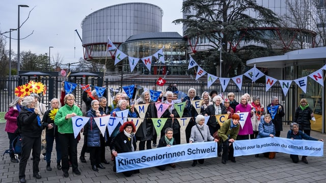 Eine Gruppe von älteren Frauen hält Fähnchen und Plakate in die Höhe. 