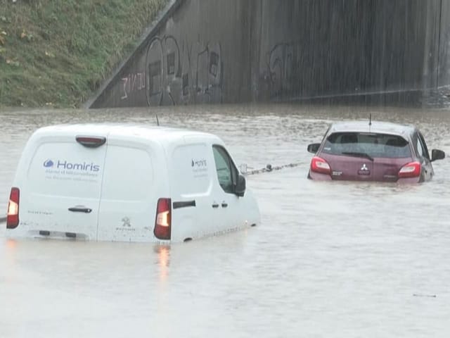 Transporter und Auto halb unter Wasser in überfluteter Unterführung.