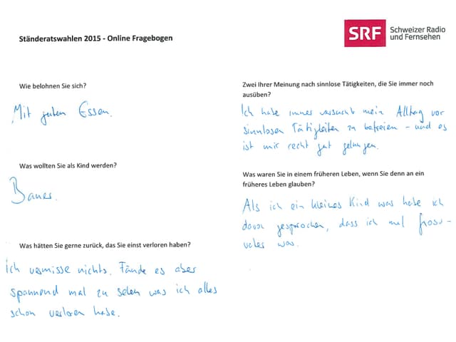 Online-Fragebogen, handschriftlich ausgefüllt von Bastien Girod.