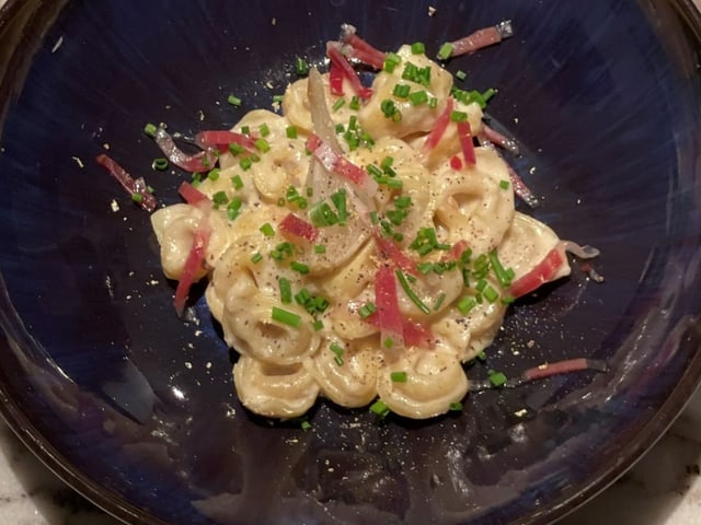 Ein Teller mit Tortellini an Gorgonzola-Sauce mit geschmorten Zwiebeln.