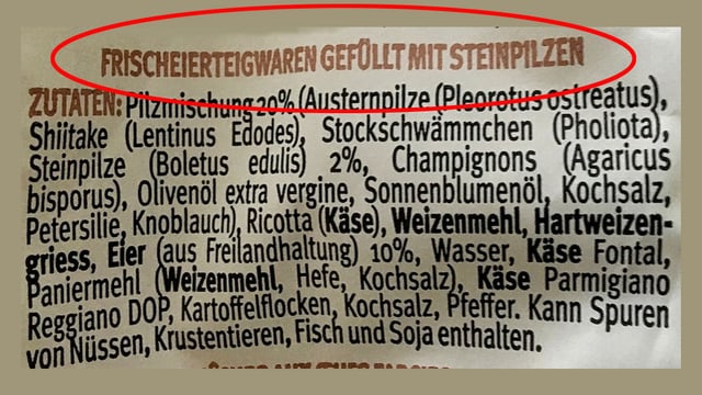 Verpackung mit Hinweis «Frischeierteigwaren gefüllt mit Steinpilzen».