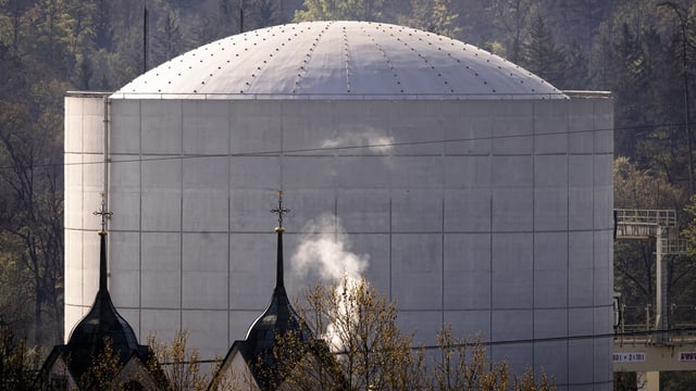 Kuppelförmiges Gebäude hinter Kirchtürmen mit Bäumen im Vordergrund.