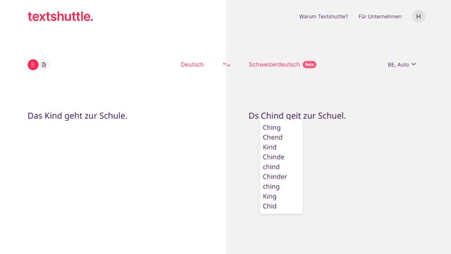 Screenshot: Links steht «Das Kind geht zur Schule», rechts: «Ds Chind geit zur Schuel».