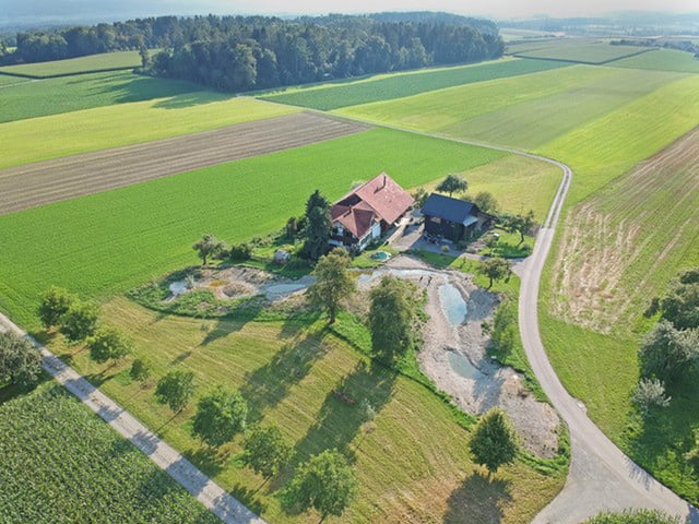 Haus und Bachlauf aus der Vogelperspektive