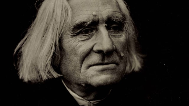 Franz Liszt vor schwarzem Hintergrund mit weissen, mittellangen Haaren.