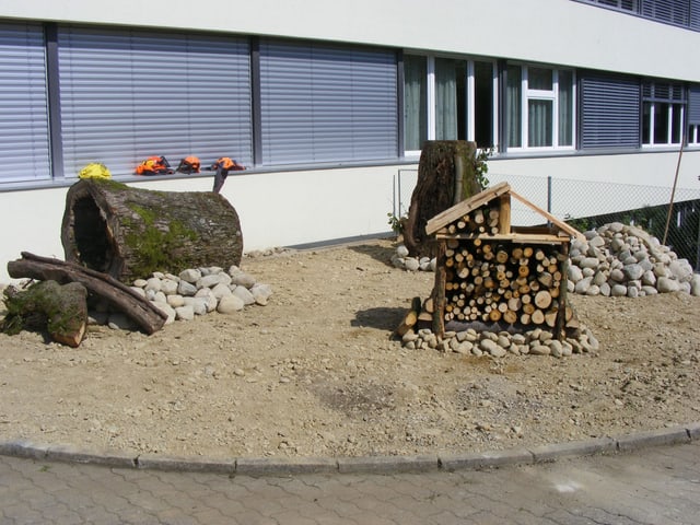 Ein Bienenhotel und ein hohler Baumstamm auf einer noch kahlen Erdfläche