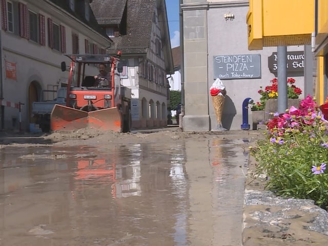 Baustelle auf einer Strasse in einer Stadt mit einem Traktor und Blumen im Vordergrund.