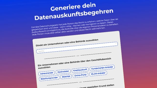 Ein Screenshot der Webseite der Digitalen Gesellschaft Schweiz, mit dem Online-Generator für Datenauskunftsbegehren