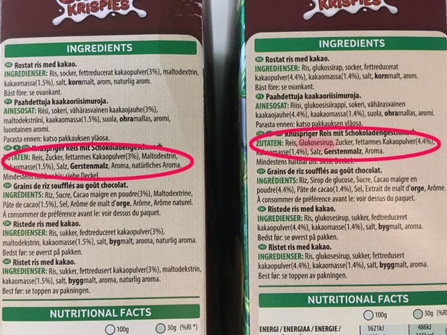 Inhaltsangabe auf Krispies-Verpackung.