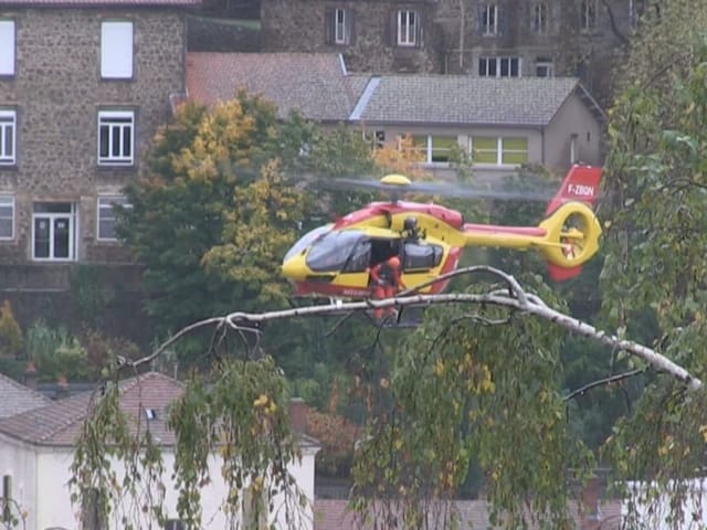 Rettungshubschrauber schwebt nahe Bäumen vor Häusern.