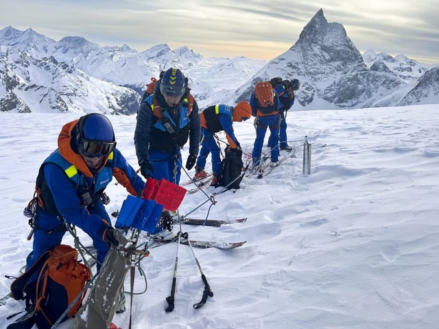 Suchtruppe im Schnee, im Hintergrund Berge.