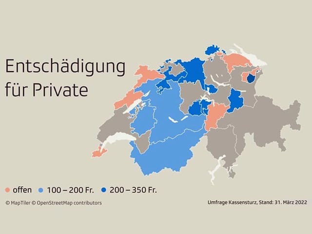 Schweizerkarte mit Kantonen eingefärbt je nach Entschädigung für private Gastgeber