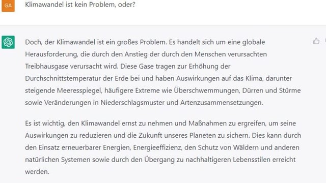 Automatisch generierte Antwort zur Frage, ob der Klimawandel ein Problem sei.