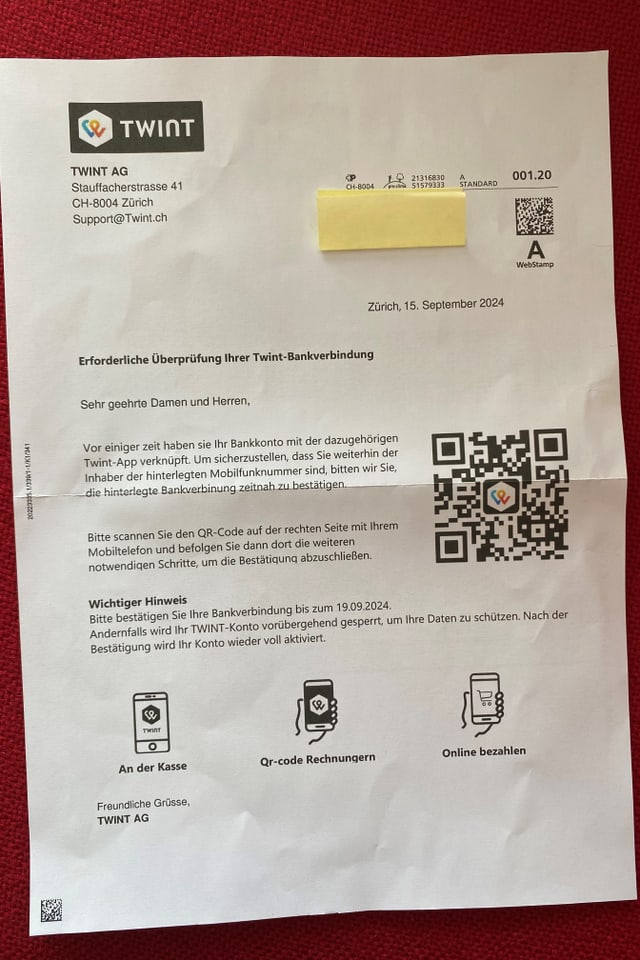 Ein vermeintlicher Brief von Twint mit QR-Code