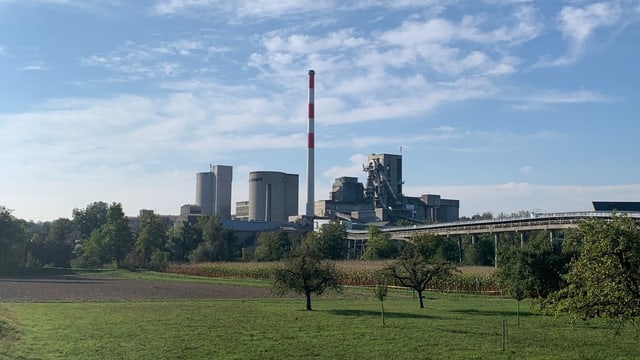 Gezeigt wird das Zementwerk aus der Entfernung von etwa 100 Metern. Rund herum ist viel Grünes und eine Brückenstrasse.