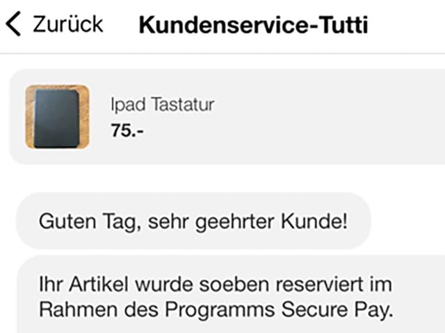 Auszug aus Tutti-Chat, in dem eine Ipad Tastatur verkauft wird.