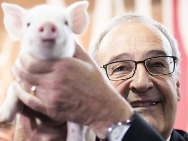 Bundespräsident Guy Parmelin hält ein Ferkel in die Kamera.