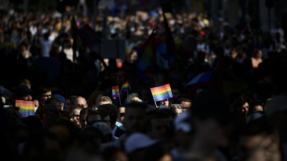 Tausende von LGBTIQ-Aktivist:innen protestierten im vergangenen Juli in Budapest gegen das neue Homosexuellen-Gesetz.