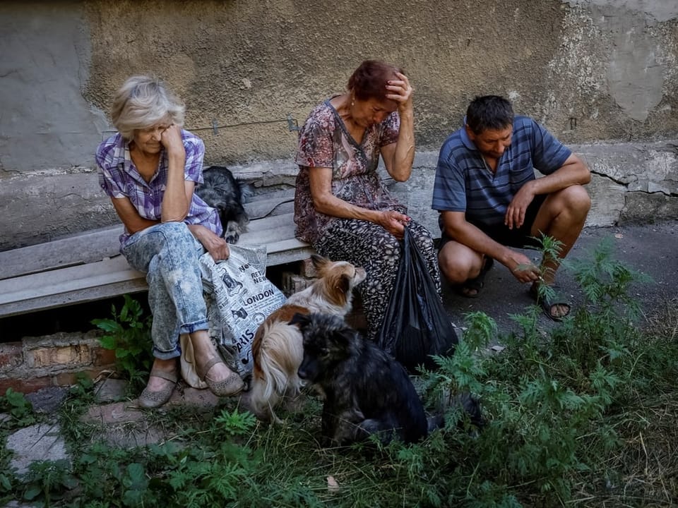 Drei ältere Menschen mit Hunden sitzen auf einer improvisierten Bank.