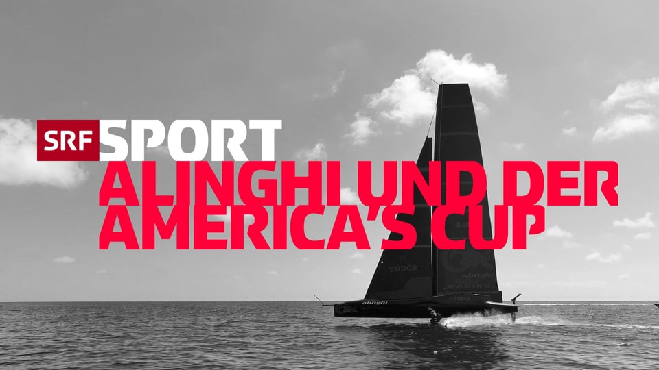 Segelboot Alinghi auf dem Meer mit SRF Sport-Text.