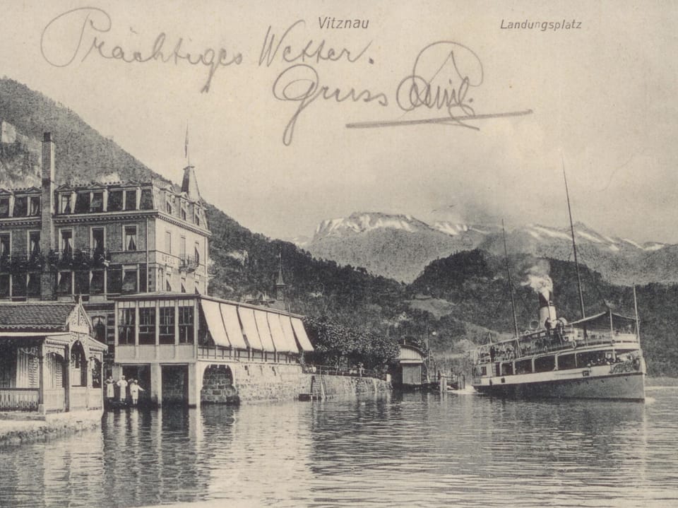 Alte Postkarte von 1908 mit Hotel und Schiff