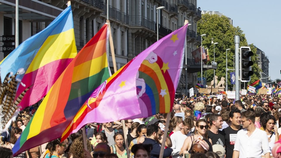 Menschenmenge bei einer Parade mit Regenbogen- und anderen Flaggen.