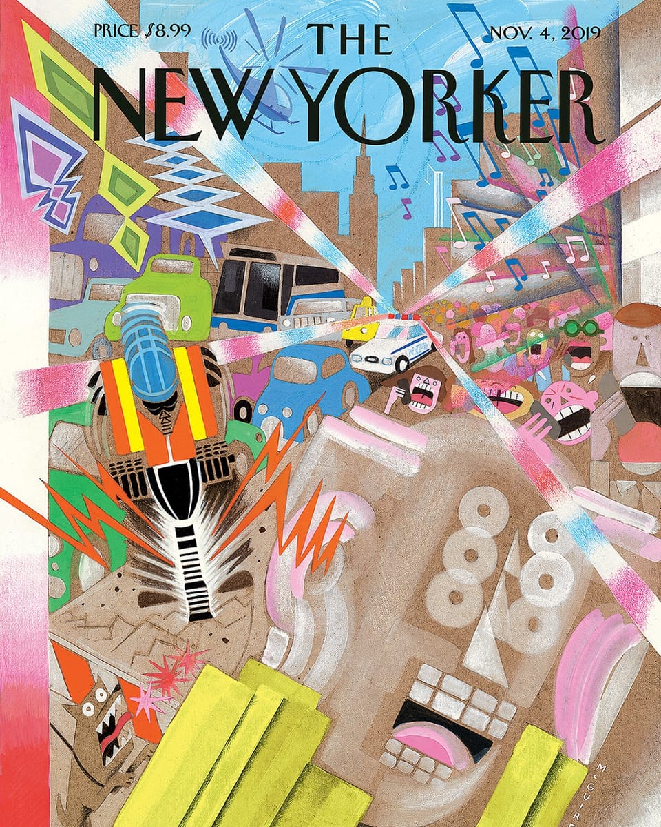 Grafikdesign: Cover von «The New Yorker»: Eine Person hält sich die Ohren zu und rennt vor Stadtlärm davon.