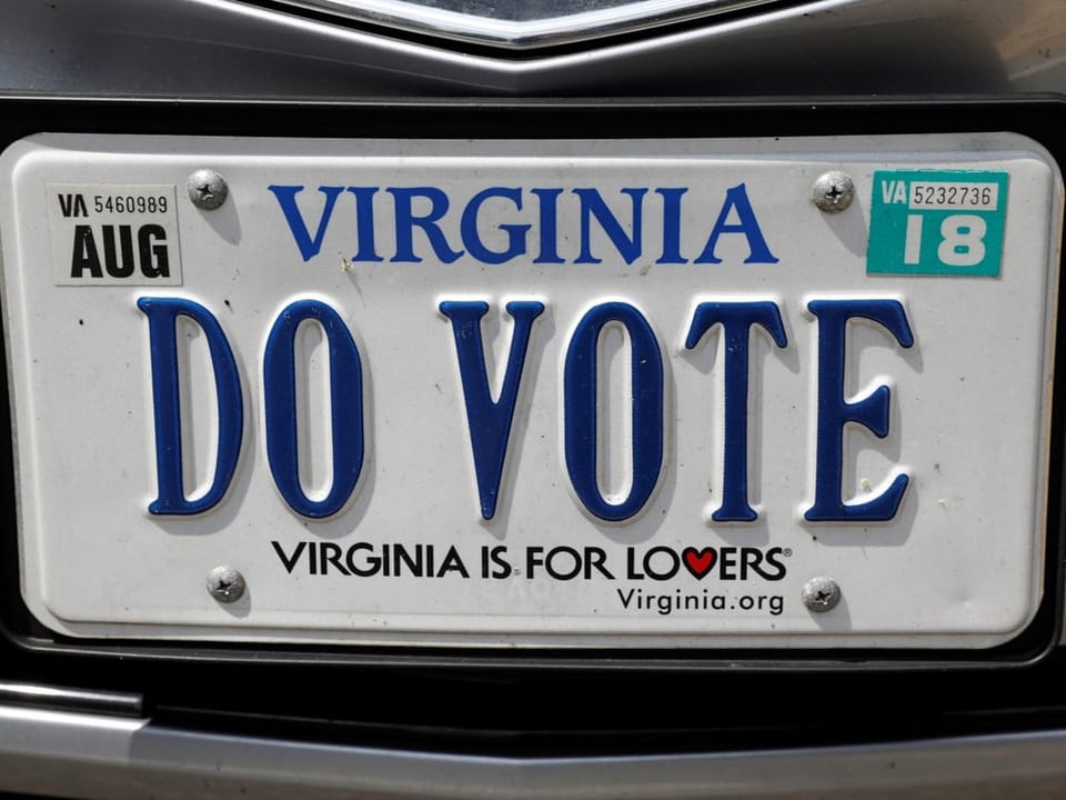 Virginia Nummernschild mit Aufschrift DO VOTE und Slogan VIRGINIA IS FOR LOVERS.