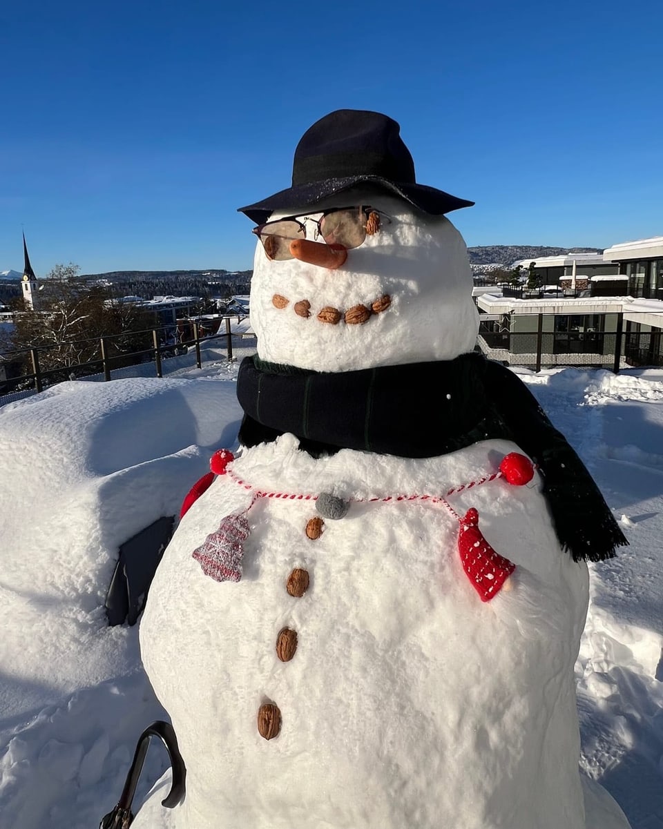 Grosser Schneemann mit Hut und Schal auf schneebedecktem Dach.