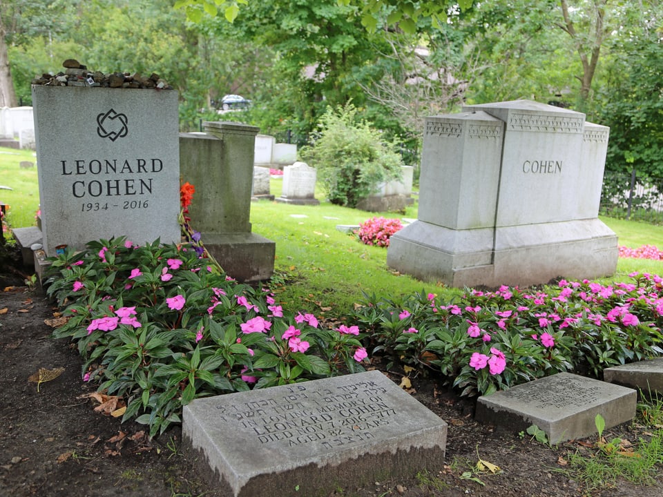 Grabsteine von Leonard Cohen und Familienmitgliedern mit Blumen und grünen Bäumen im Hintergrund.