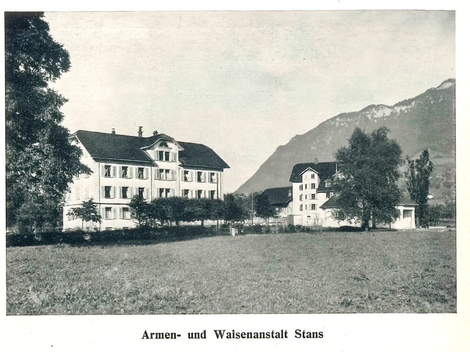 Historische Aufnahme. Zwei vierstöckige Häuser stehen auf einer Wiese, umgeben von Wiese und Bäumen. 