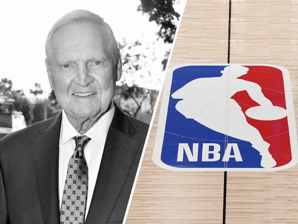 Porträt eines älteren Mannes neben dem NBA-Logo auf einem Basketballplatz.