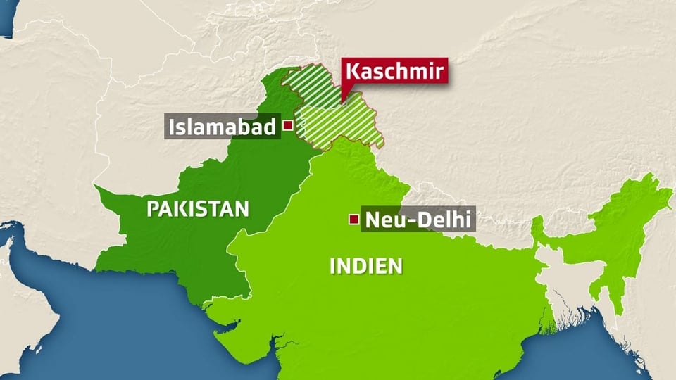 Karte Pakistans und Indiens mit Markierung auf der Region Kaschmir.
