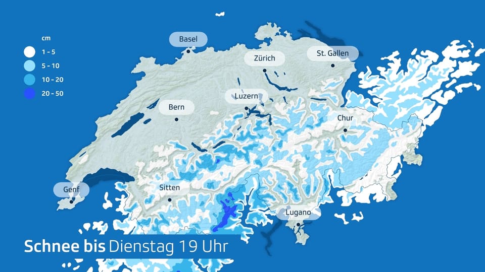 Schneevorhersage für Schweiz mit Markierungen in Blau.