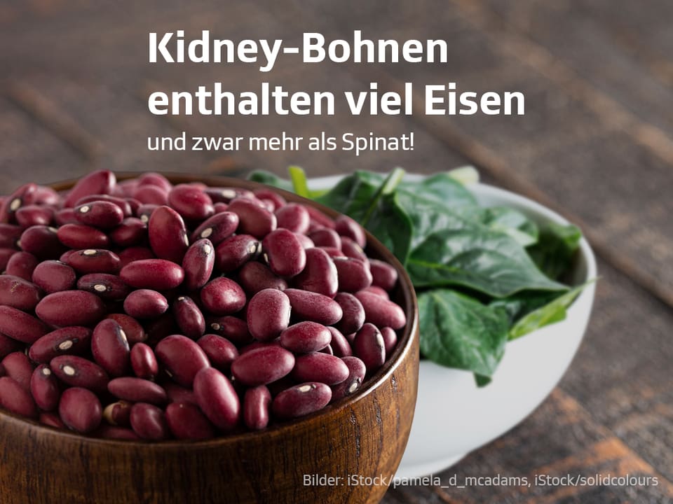 Schale mit Kidney-Bohnen und Spinatblättern.