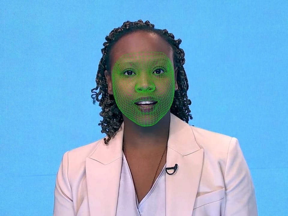 Das Gesicht einer Frau, das digital mit einem grünen Netz abgedeckt ist