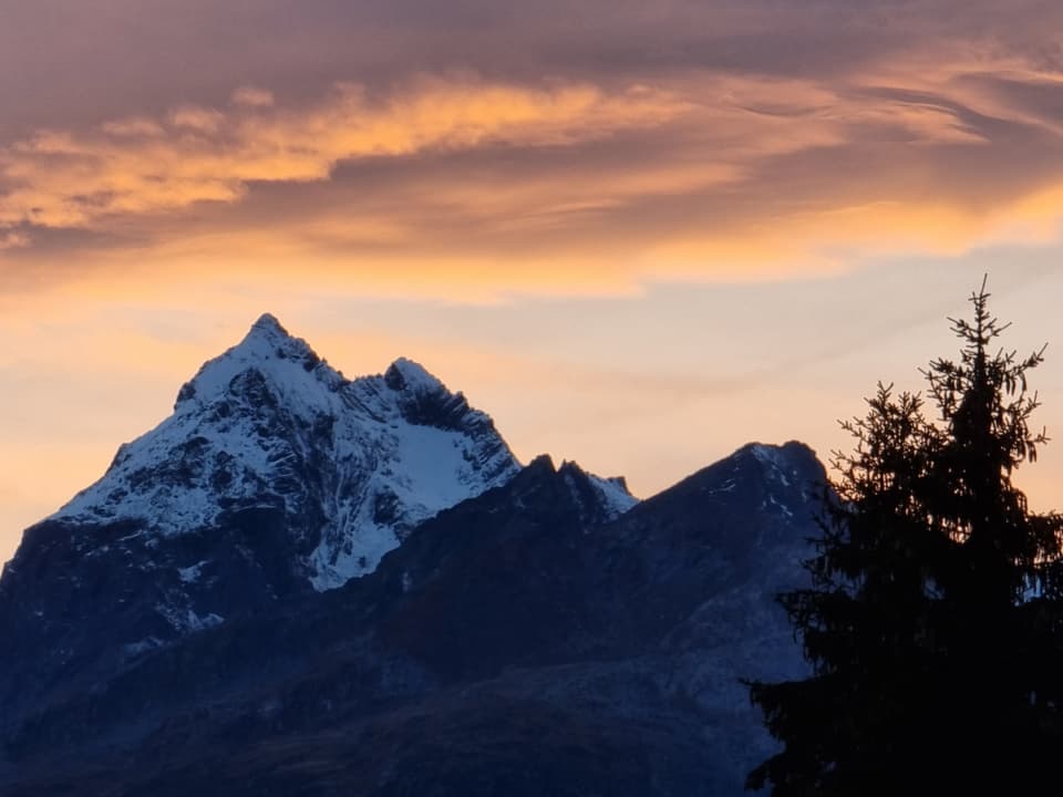 Berggipfel im Sonnenuntergang, bewölkter Himmel, Baum im Vordergrund.