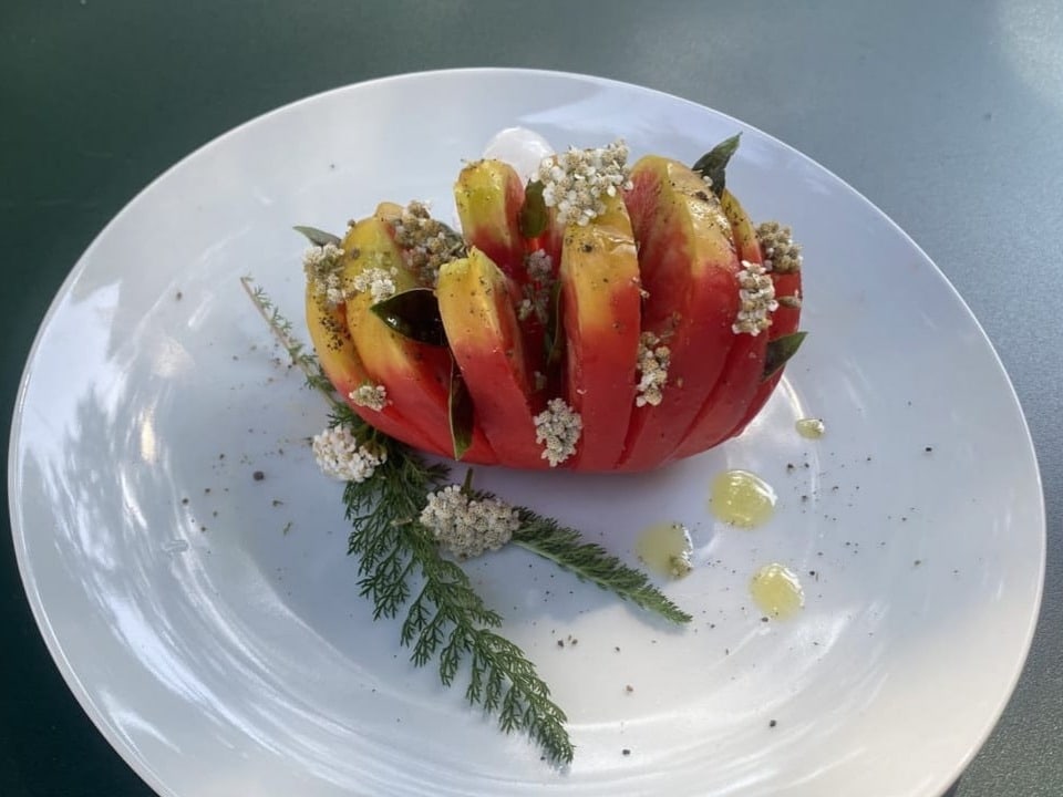 eine aufgeschnittene Tomate auf weissem Teller auf dunkelgrünem Tisch geschmückt mit grünen Schafgarbenblättern