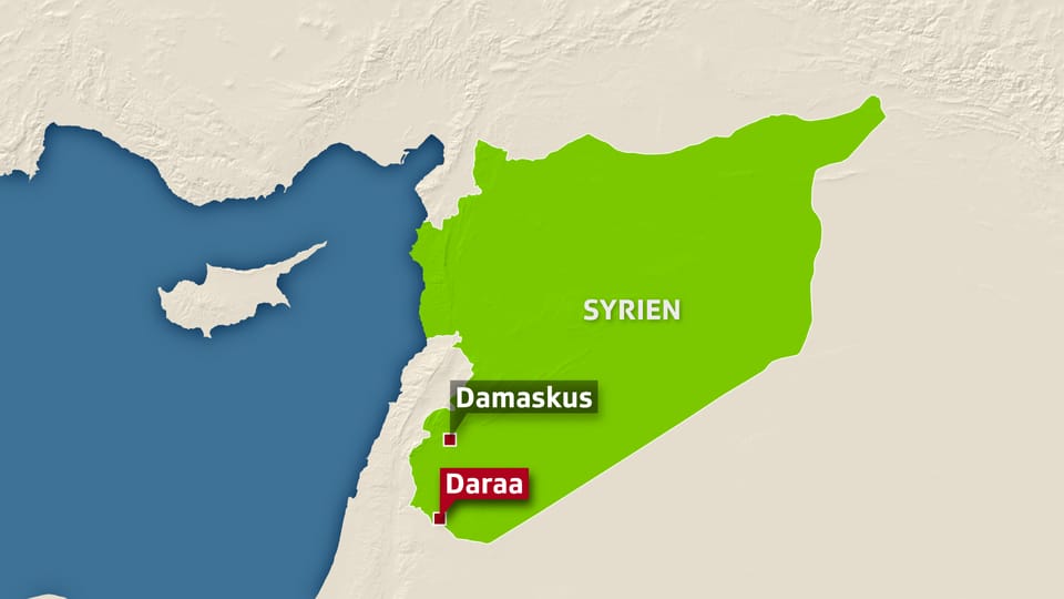 Syrienkarte. Darauf ist Damaskus und Daraa eingezeichnet ist.