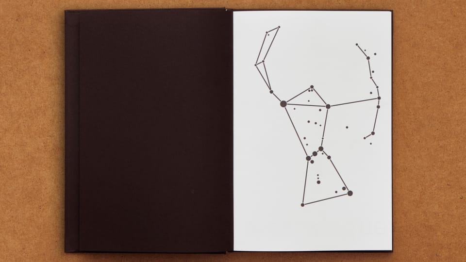 Ein geöffnetes Buch zeigt die Sterne der Sternenkonstellation Orion, verbunden zu einem Kaffeekocher.