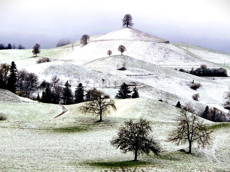 Blick auf leicht verschneiten Hügel.