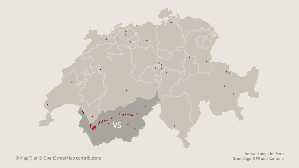 Karte der Schweiz mit markierten Punkten und Hervorhebung des Kantons Wallis (VS).