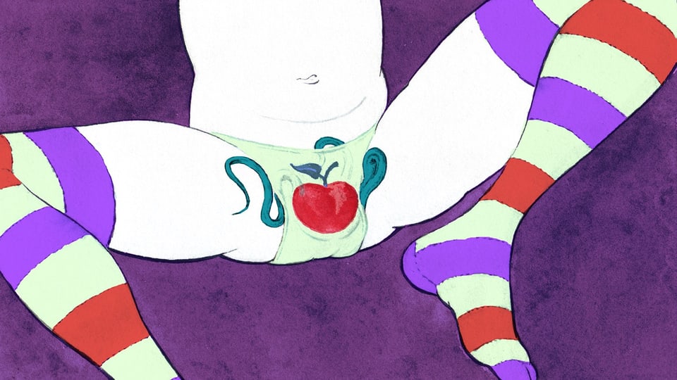 Illustration eines Unterleibs. Die Person trägt eine Unterhose mit Apfelprint und Strümpfe. Darunter schlängelndes Etwas