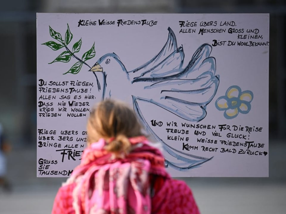 Person betrachtet Plakat mit Friedensbotschaft und Taube.