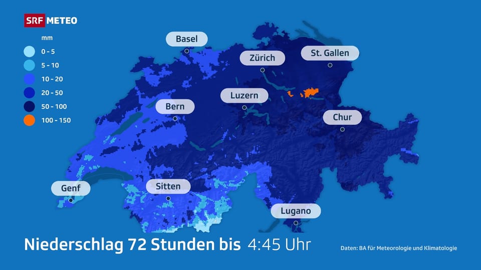 Regenkarte der Schweiz in den letzten 72 Stunden mit markierten Städten.