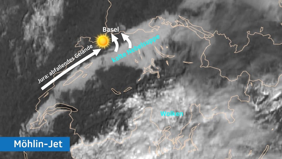 Satellitenbild mit Wetterphänomen Möhlins Jet, Basel hervorgehoben.