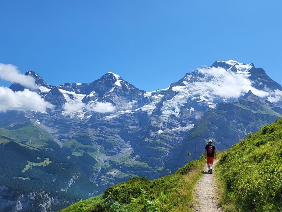 Wanderer auf Weg durch eine Bergwiese mit Aussicht auf Schneeberge